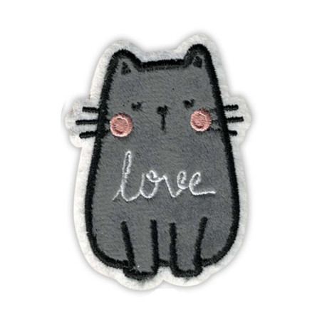 Selvklæbende strygemærke med grå kat med love tekst på maven