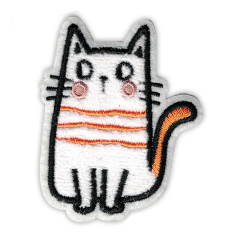 Selvklæbende strygemærke med kat – Hvid kat med orange striber  (7×6 cm)