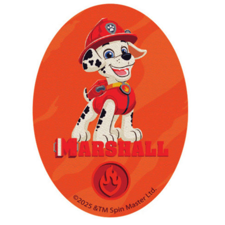Printet Paw Patrol strygemærke til tøj - Marshall ovalt 8 x 11 cm, rød