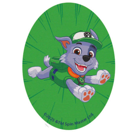 Printet Paw Patrol strygemærke til tøj - Rocky ovalt 8 x 11 cm, grøn
