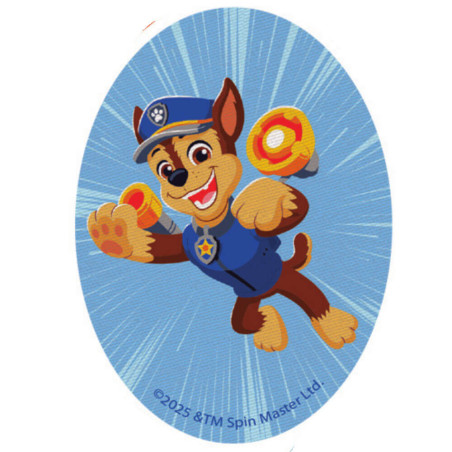 Printet Paw Patrol strygemærke til tøj - Chase ovalt 8 x 11 cm, lys blå baggrund