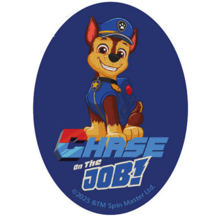 Printet Paw Patrol strygemærke til tøj - Chase ovalt 8 x 11 cm, mørk bl