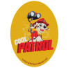 Printet Paw Patrol strygemærke til tøj - Marshall ovalt 8 x 11 cm, gul baggrund