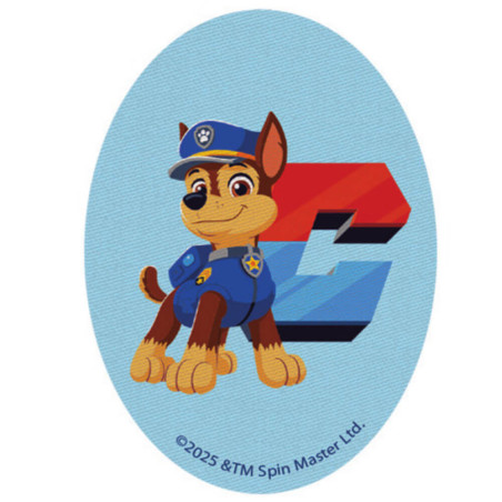 Printet Paw Patrol strygemærke til tøj - Chase ovalt 8 x 11 cm, blå baggrund