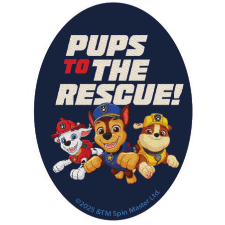 Printet Paw Patrol strygemærke til tøj - Marshall, Chase og Rubble ovalt 8 x 11 cm, flerfarvet baggrund