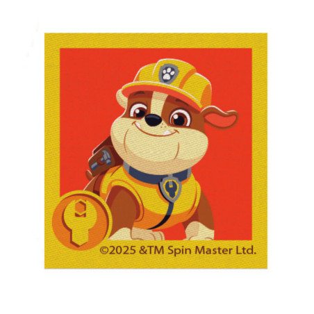 Printet Paw Patrol strygemærke til tøj - Rubble firkantet 6,5 x 6 cm