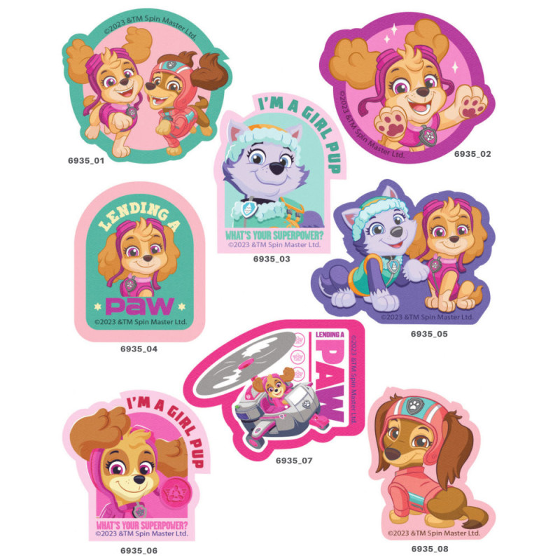 Paw Patrol printede strygemærker serie 6935 med 8 motiver med figur Skye, Everest og Liberty