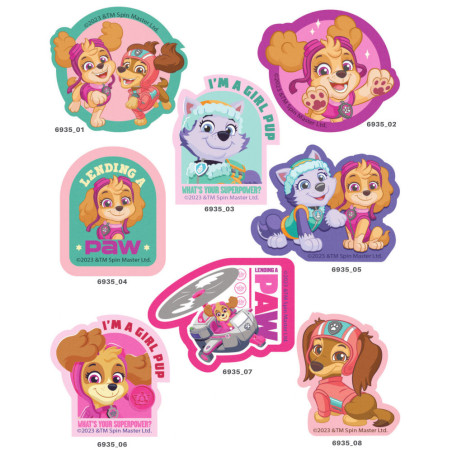 Paw Patrol printede strygemærker serie 6935 med 8 motiver med figur Skye, Everest og Liberty
