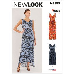 New Look N6821 snitmønster – lang kjole med V-hals og bindedetalje i blåt blomsterprint
