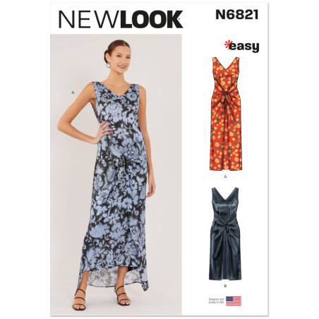 New Look N6821 snitmønster – lang kjole med V-hals og bindedetalje i blåt blomsterprint