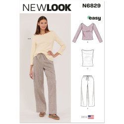 New Look N6829 snitmønster – gul jerseybluse med bådudskæring og brune hørbukser med bindebånd