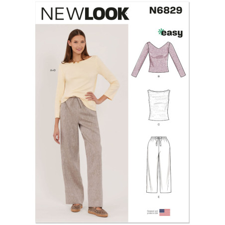 New Look N6829 snitmønster – gul jerseybluse med bådudskæring og brune hørbukser med bindebånd