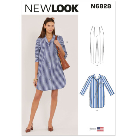 New Look N6828 snitmønster – lang blåstribet skjorte med raglanærmer båret som skjortekjole