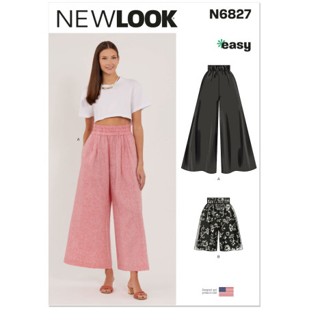 New Look N6827 snitmønster – vide rosa hørbukser med bred elastiklinning og sidelommer