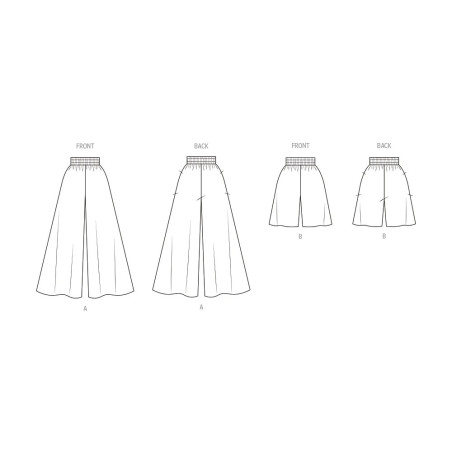 Stregtegning af N6827 vide bukser A og shorts B med elastiklinning forfra og bagfra