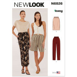 New Look N6826 snitmønster – sort midinederdel med bambusprint og stribede shorts med elastik