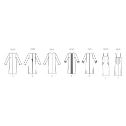 Stregtegning af N6823 frakke A og B og stropkjole C forfra og bagfra