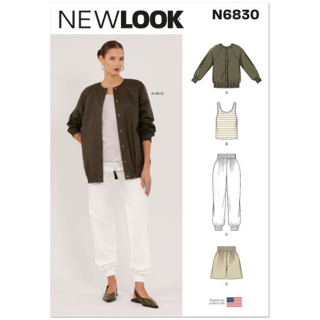 New Look N6830 snitmønster – olivengrøn oversized bomberjakke med hvide joggingbukser