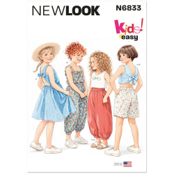 New Look N6833 snitmønster – fire piger i kjole, buksedragt, top med sløjfe, ballonbukser og shorts
