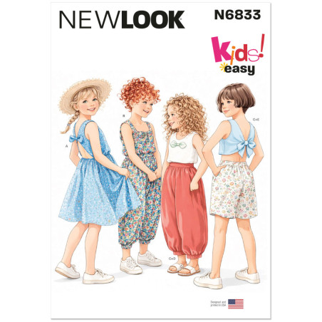 New Look N6833 snitmønster – fire piger i kjole, buksedragt, top med sløjfe, ballonbukser og shorts
