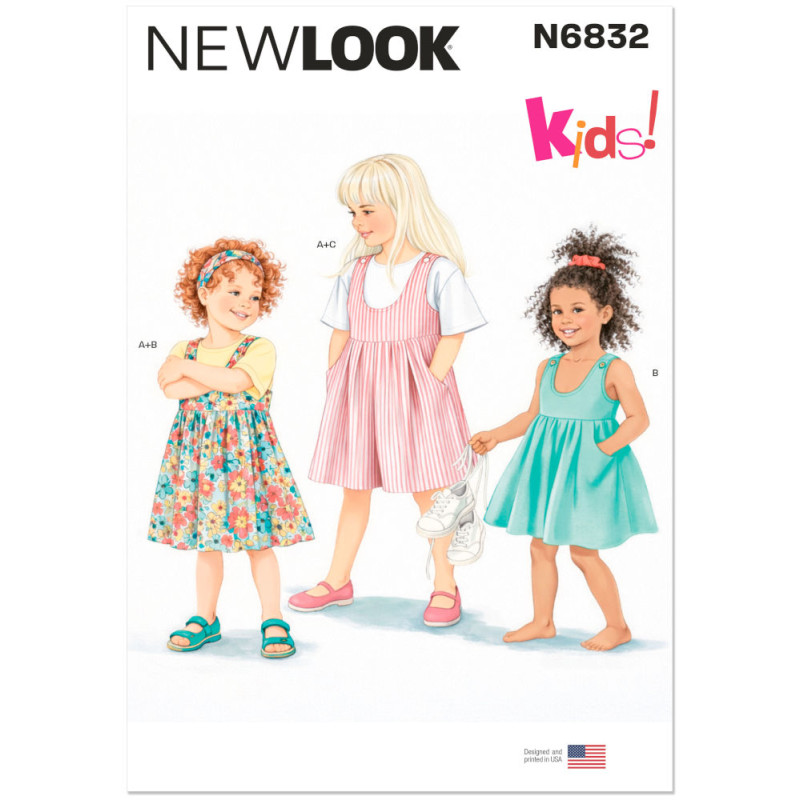 New Look N6832 snitmønster – tre piger i blomstret selekjole, stribet buksedragt og turkis kjole