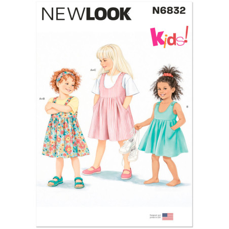 New Look N6832 snitmønster – tre piger i blomstret selekjole, stribet buksedragt og turkis kjole