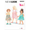 New Look N6832 snitmønster – tre piger i blomstret selekjole, stribet buksedragt og turkis kjole
