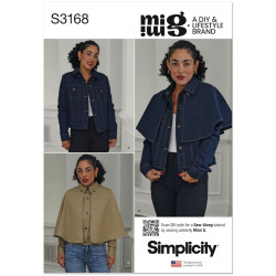 Simplicity S3168 snitmønster forside: jeansjakke af Mimi G, model A og B i denim, model C med lang cape