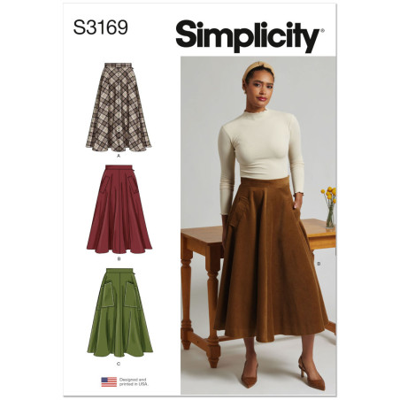 Simplicity S3169 snitmønster forside: vid nederdel i midilængde, model B i brun fløjl med lommer