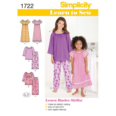 Natkjole og pyjamas,piger simplicity snitmønster 1722