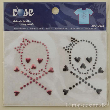 Rhinestone Dødningehoved  2 stk. på kort strygemærke