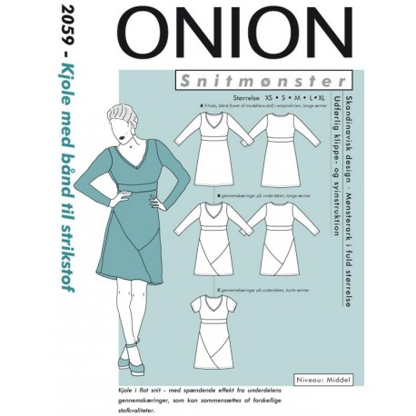  Kjole med bånd, til strikstof Onion snitmønster 2059