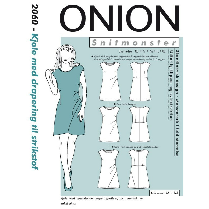 Kjole med drapering til strikstof Onion snitmønster 2060 Kjole med drapering til strikstof Onion snitmønster 2060