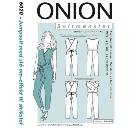 Jumpsuit med slå-om-efekt til strikstof Onion snitmønster 6020
