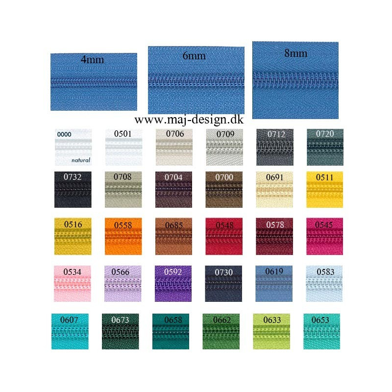 6mm lynlås i metermål i 30 farver