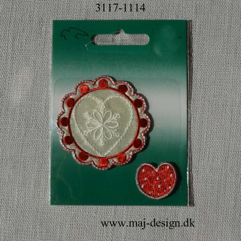 Rød/hvid rosset + lille hjeret  Broderet strygemærke