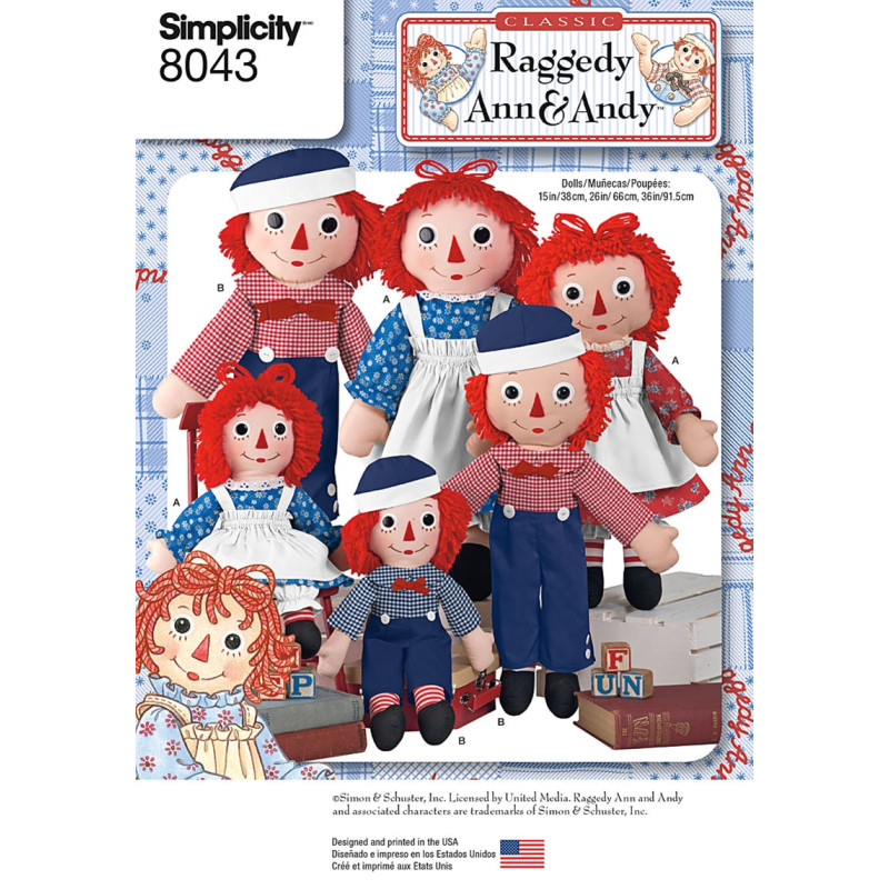 Tøjdukke Raggedy Ann og Andy Simplicity snitmønster 8043 OS